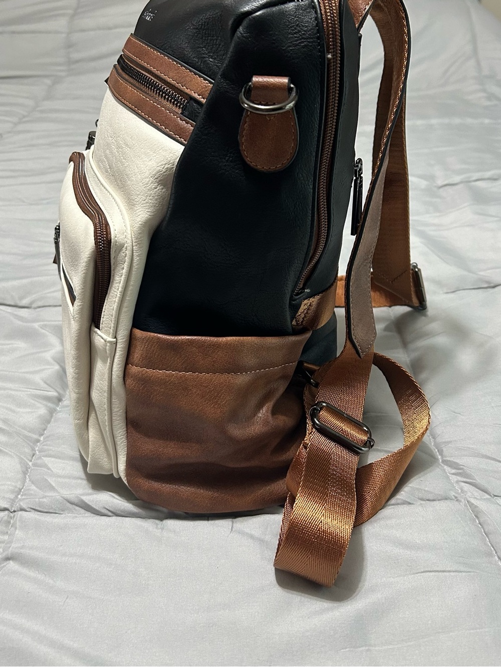 Shrrie Vegan Leather Backpack Neutral Cream Brown Travel Laptop Bag - Picture 9 of 14